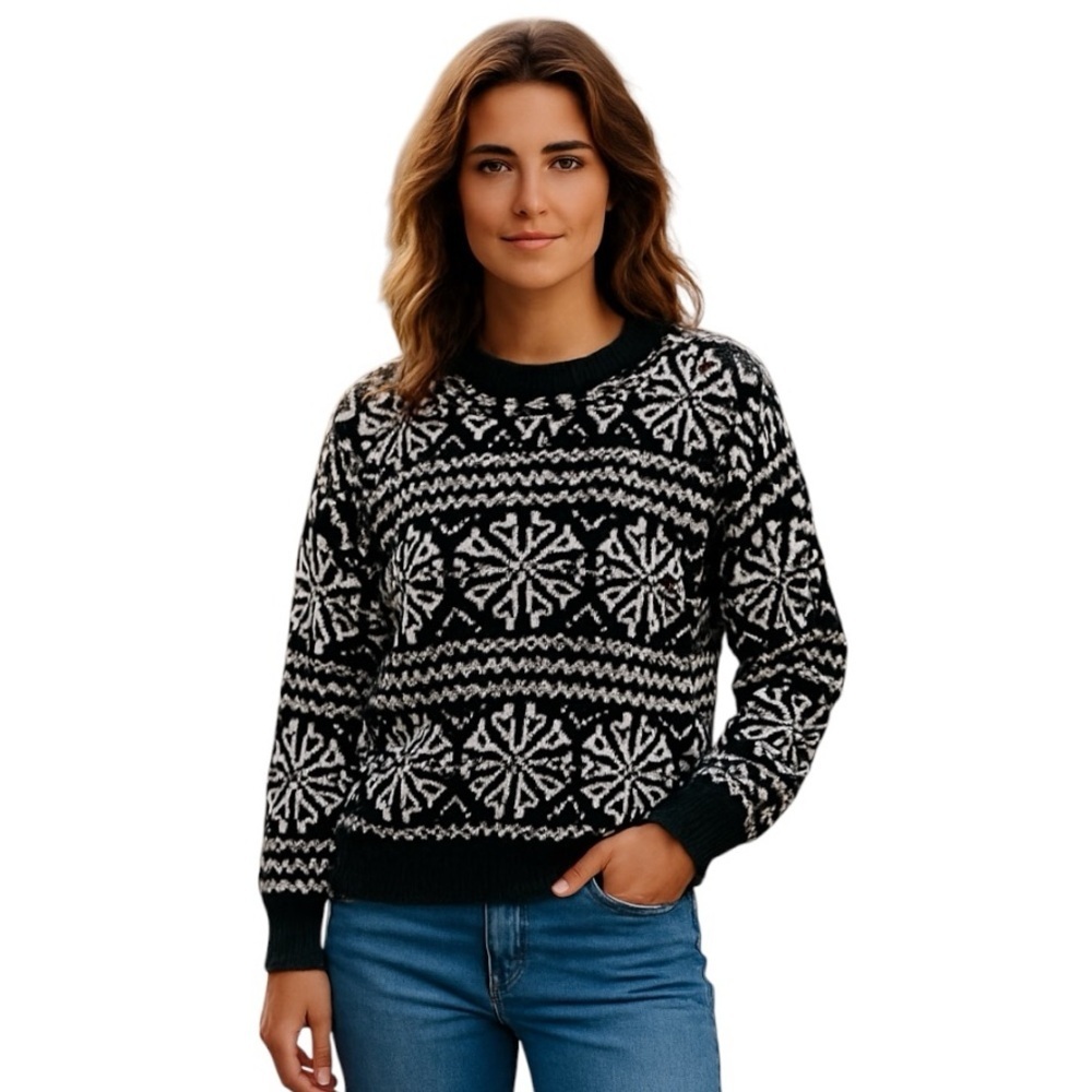 Joseph A. Soft Eyelash Knit Snowflake Black & White Comfy Sweater large